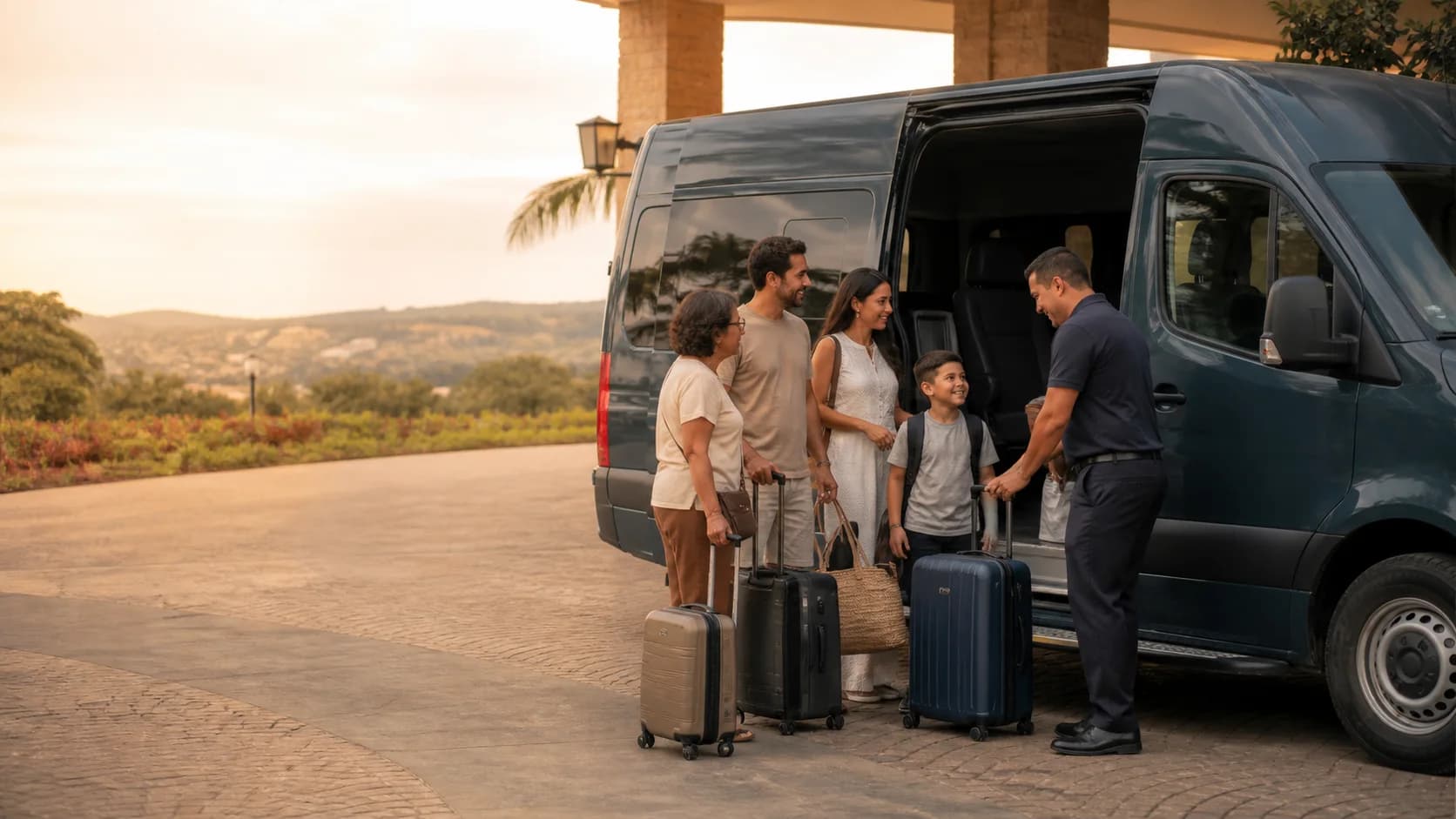 Grupo sendo recebido para uma viagem de van com motorista